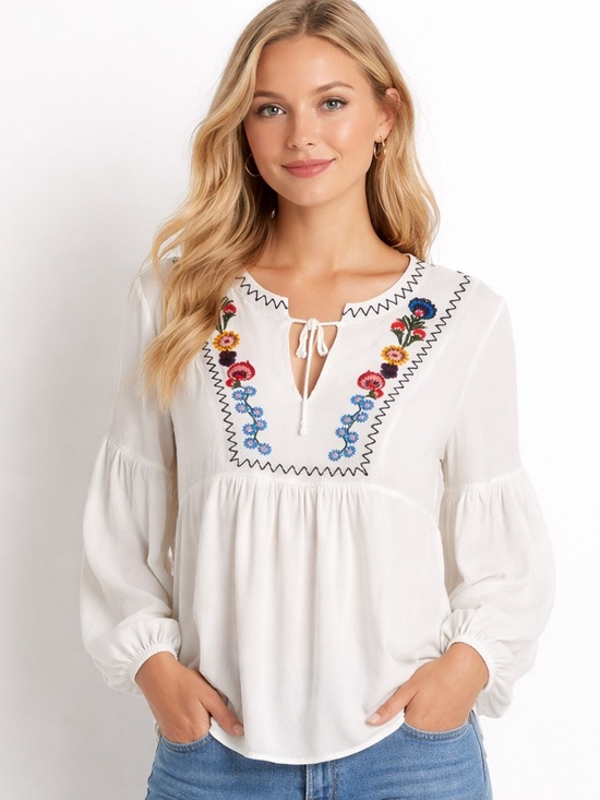 The Impeccable Pig Tops - The Impeccable Pig White Embroidered Boho Babydoll Blouse Floral Cottage Hippie